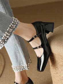 Zapatos de tacón alto de mujer con punta cuadrada y doble hebilla tipo Mary Jane en color plata - Negro - Ver 2