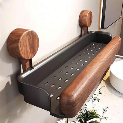 免钻孔壁挂式置物架，仿木纹颜色，两种尺寸和款式可选，多功能收纳架，适用于家庭、厨房、浴室