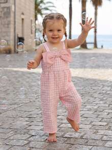 Mono corto para niñas pequeñas con lazo en la parte delantera, sin mangas, a cuadros, con pantalones anchos, peto, ropa de verano para niños. - Rosa - Ver 3