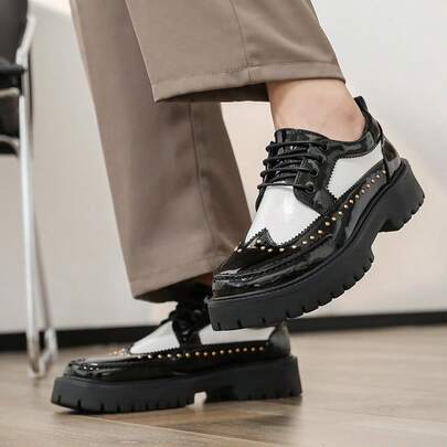 Men's Two-Tone Lacquered Leather Brogues, Lace-Up Front Rivet Decor, Thick Sole Chunky Heel Formal Dress Shoes