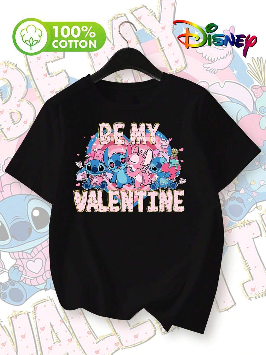 Disney-Lilo & Stitch & Angel Print - Women's Summer New Fashion Pure Cotton Short-Sleeve T-ShirtMade From Soft, Comfortable, And Durable Pure Cotton, This Is An Ideal Choice For Spring And Summer. This Crew Neck T-Shirt Is Suitable For Various Occasions, Including Everyday Wear, Shopping, Parties, Travel, And Gatherings, And Also Makes A Thoughtful Gift. - Black - View 1