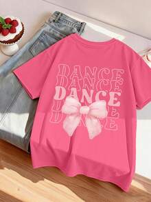 Teen Girl Bowknot And Slogan Print Graphic Tees For Girl Short Sleeve T Shirts,Teen Girl's Summer Tops Crewneck Shirt Blouse - Hot Pink - View 3
