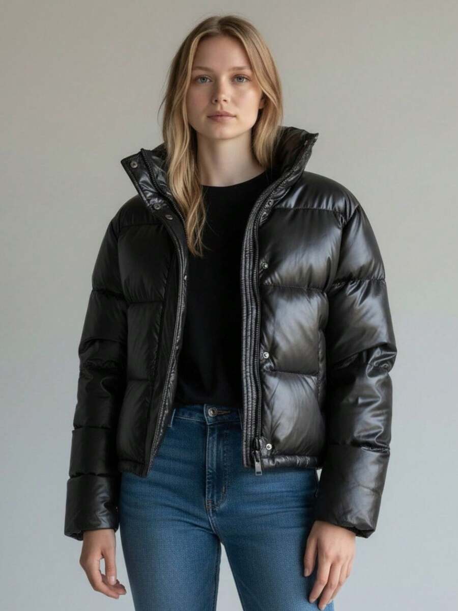 Women's Leather Puffer Jacket With Fleece Lining For Winter - màu đen - Xem 1