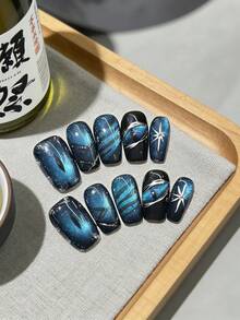 10pcs/Set Handmade Gel Nail Stickers, Demon Eye Striped Square Nail Art, Japanese Style Brightening Nail Wraps, Removable Nail Patches - Multicolor - View 2