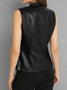 Jaqueta Colete de Motociclista Fashionable Casual Sem Mangas com Zíper em Couro PU, Adequada para Primavera, Outono e Inverno, Cor Preta - Preto - Visão 2
