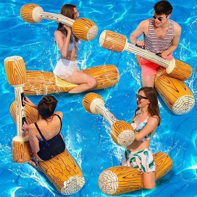 2 Sets Inflatable Tug-Of-War Game Sticks, Vintage Wood Grain Water Floating Rings, Interactive Adult Inflatable Sticks