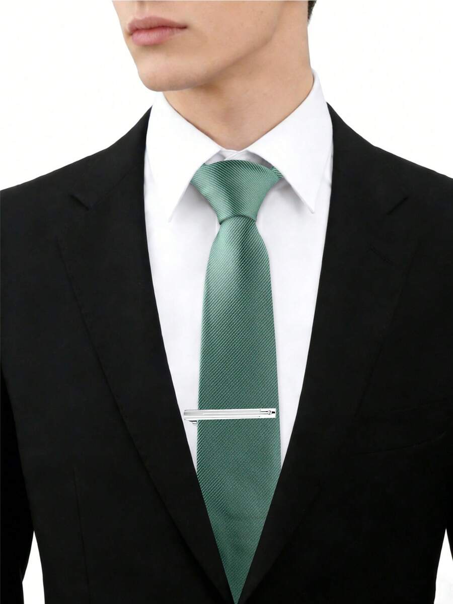 Men's Solid Color Necktie And Tie Clip Set, Business Work Commute High-End Versatile Accessory, Gift For Colleagues, Friends, Leaders,Accessories,Festival,Gifts - Mint Green - View 1