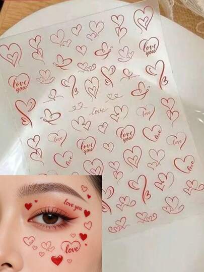 2片镂空红色爱心脸贴，自粘装饰脸贴，简约精致，卡通脸贴，适用于生日派对拍照，亲肤温和，易撕不留残胶