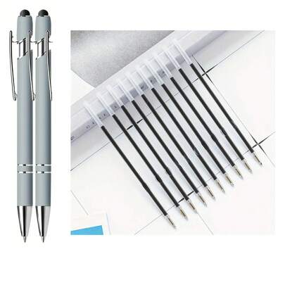 12pcs Premium Morandi Gray Retractable Ballpoint Pen Set, Includes 2 Pens + 10 Refills, With Stylus Tip - Smooth Writing, Non-Slip Grip, Compatible With All Devices - Perfect Gift For Teachers, Students, Office Workers