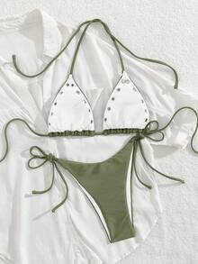 Women's New European And American Metal Hole Halter Neck Bikini Set Vacation Beach - Army Green - View 2