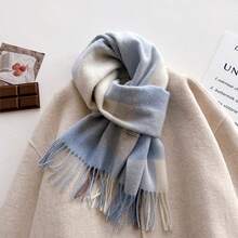 1pc 100% Wool Plaid Scarf, Women's High-End Shawl, 2025 New Winter Neck Warmer, Birthday Gift - Blue - View 3