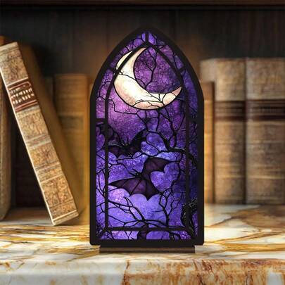 2D 아크릴 박쥐 & 책 코너 조각상 - 따뜻한 조명 효과가 있는 고딕 도서관 장식, 크리스마스, 발렌타인 데이, 추수감사절에 적합 - 독서대 책장 장식, 책 애호가 선물, 집들이 선물 (양초 미포함)