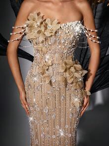 华丽串珠伴娘礼服亮片婚礼宾客礼服，适合生日派对、主题婚礼、宴会、鸡尾酒会等场合，纯色女士3D玫瑰无袖露背拉链及地长款正式礼服，春季款 - 香檳色 - 查看 7