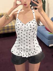 Women's Sequin Camisole Backless Polka Dot Cropped Tank Top, Sleeveless Knit Tie-Up, Summer Fashion Resort Style - White - View 6