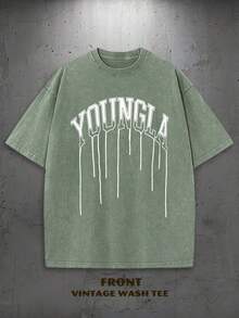 1PC Y2K Vintage Washed T-Shirt | Men's Graphic Tee | YLA Dripping Skull Design Pattern | Gifts For Men Or Boyfriend | 100% Cotton | 230Gsm Thickened Fabric | Unisex - 綠色 - 查看 2
