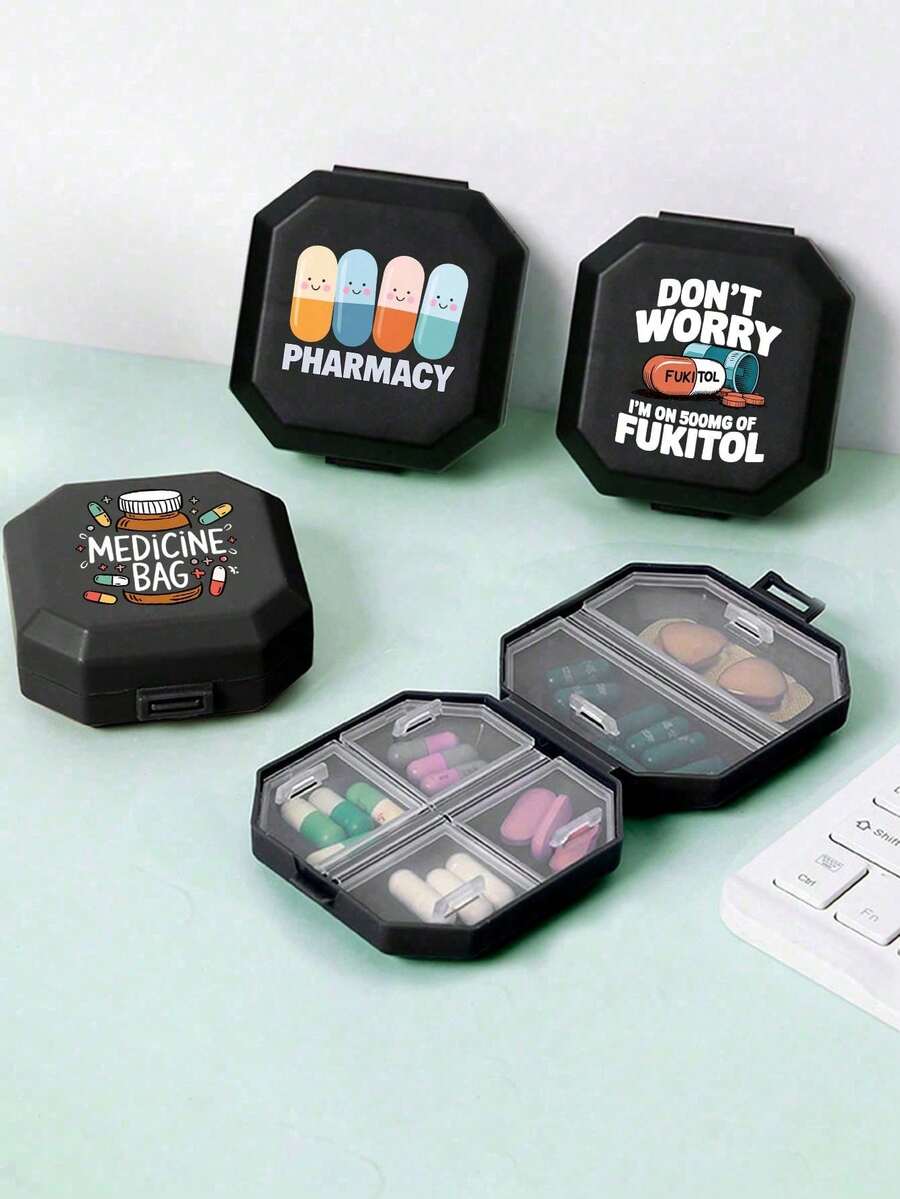 Portable Divided Pill Box, 6-Compartment Capsule Storage Box, Travel Pill Box, Pill Box, Mini Pill Box Printed With Capsule, Pill, Letter, Pill Bottle Patterns, Pill Box, First Aid Kit Medical Bag Travel Accessory Dorm Essential