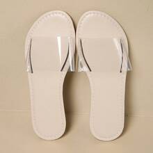 少女时尚简约新款平底透明沙滩凉鞋，软底轻便百搭夏季拖鞋 - 米色 - 查看 1