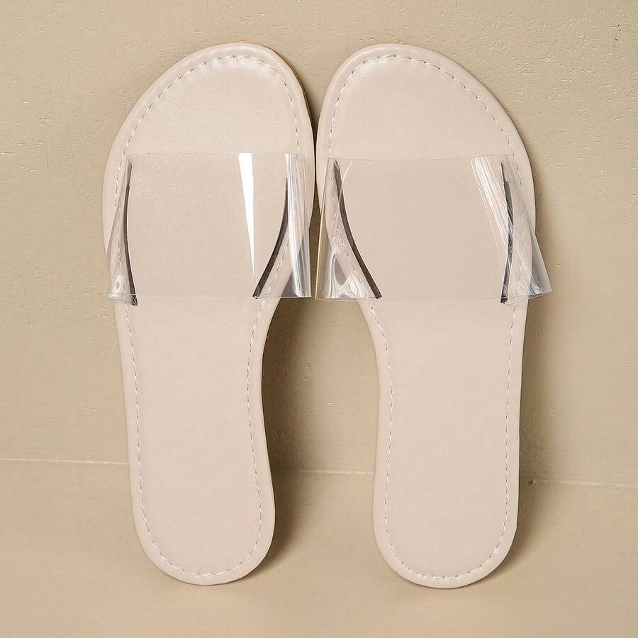 少女时尚简约新款平底透明沙滩凉鞋，软底轻便百搭夏季拖鞋 - 米色 - 查看 1