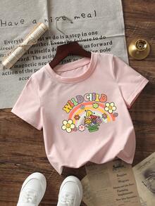 女婴休闲涂鸦英文字母印花圆领短袖可爱上衣 - 粉色 - 查看 2