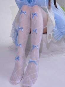 1 par de calcetines finos para mujer para primavera y verano, calcetines muslo alto con estampado de mariposa a rayas cruzadas mágicas - Blanco - Ver 3