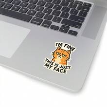 3/6/12pcs "I'm Fine, This Is Just My Face" Cute Cat Stickers, Cartoon Style Stickers For Phone, Notebook, Office, Multi-Scene Applicable Stickers - White Background - View 1