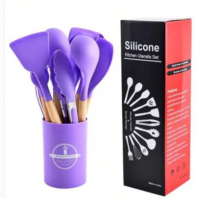 12pcs Silicone Kitchen Utensil Set With Handles, Including Slotted Spoon, Spatula, Ladle, Strainer, Wok Spatula, Basting Brush, Whisk, Tongs, Egg Beater And Storage Caddy, Suitable For Cooking And Baking