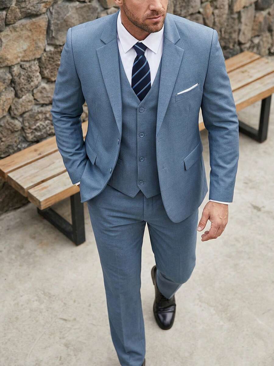 WindsorQuad Bộ vest nam 3 món Furuyal thanh lịch, màu trơn, kiểu dáng ôm sát, gồm áo khoác vest, quần tây và cà vạt, phù hợp cho đám cưới, tiệc tùng, v.v., màu xanh denim, cỡ XS-3XL. - Màu xanh bụi bặm - Xem 1