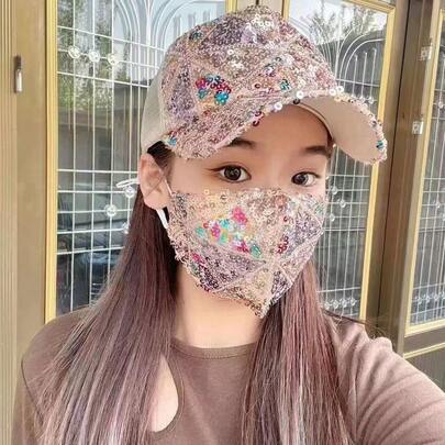 1pc Summer Mesh Sequin Hat, Breathable UV Protection Sun Hat, Fashionable Versatile Baseball Cap