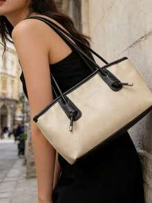 Solid Color PU Leather Minimalist Retro Versatile Women Tote Bag, Large Capacity Travel Essential Tote - Beige - View 3