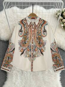 Standard Size Women's Cashew Print Bohemian Elegant Long Sleeve Shirt, Front Button Closure Shirt Collar, Suitable For Daily, Commute, Casual And Holiday Wear Spring - Multicolor - View 2