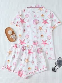 2pcs Women Pajama Set, Pink Shell Print Shirt With Collar & Button, And Bow Shorts, Sleepwear & Loungewear - Pink - View 2