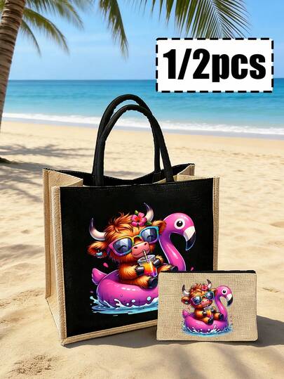 高地奶牛印花亚麻手提包，沙滩冲浪图案，大容量化妆包，带手提绳，圣诞礼物，亚麻零钱包，方块购物袋，化妆包，采用艺术字母和图案印花设计，适合女性日常使用，可用作便捷购物袋。教师节礼物，情人节礼物指南，平价情人节礼物，复活节，母亲节礼物