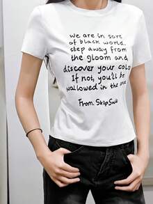 Women's Round Neck Short Sleeve T-Shirt, American Style Babe, Summer New Letter Print, Slim Fit Fashion Cropped Top Casual White - White - View 2