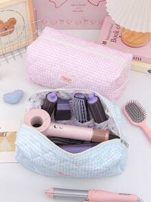 1件格子图案印花可爱吹风机收纳袋，卷发棒整理袋，旅行便携吹风机袋，多功能化妆包，化妆品收纳袋，护发油整理袋，旅行洗漱包，防尘大容量卷发/直发器保护套，吹风机收纳旅行必备品 - 彩色 - 查看 2