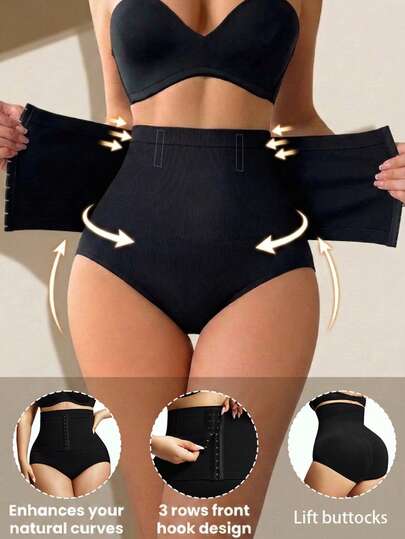 1pc Plus Size Women's Black High Waist Double Compression Shaping Panties, Dual Zipper Closure Abdominal Shaping Lift Buttocks Shapewear, Elastic Sculpting Waist Trainer