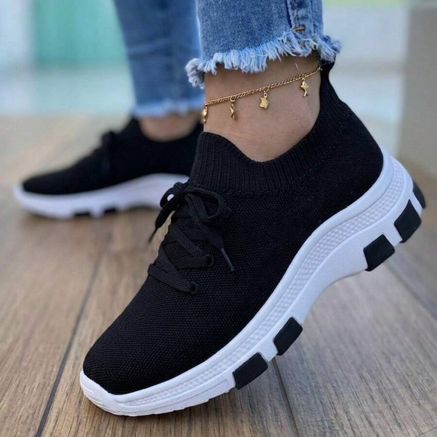 Women's Casual Platform Sneakers, Lightweight, Comfortable, Fashionable, Everyday, Gym, Walking, Sizes 34 To 39, On , Sporty, Lace-Up, Woven, Flying, Home - 黑色 - 查看 1