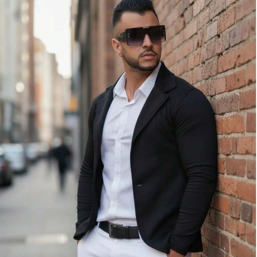 Men's Premium Tailored Bengaline Blazer With Elastane, Slim Fit, Smart Casual, Modern, Button-Down, Black, Blue, White, Khaki, Gray. All Slim Fit Split Styles For Weddings, Parties, And Offices. - 黑色 - 查看 1