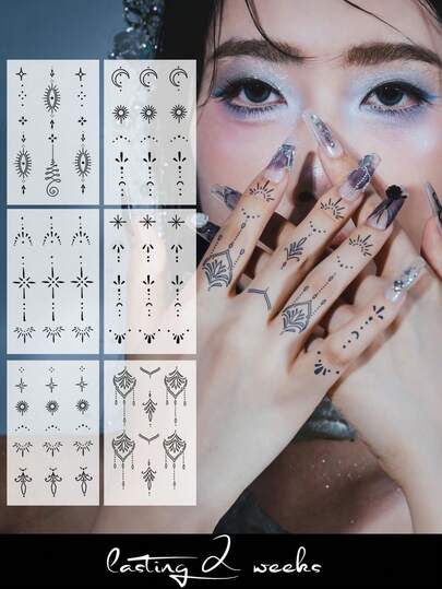 6pcs Star & Moon Tassel Mysterious Eye Decorative Semi-Permanent Herbal Tattoo Stickers, Suitable For Party Gifts, Holidays, Finger, Ear, Shoulder, Neck, Collarbone, Waterproof, Non-Reflective Tattoo Stickers