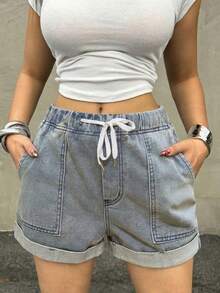 女士轻薄夏季牛仔短裤，休闲宽松抽绳松紧腰，卷边裤脚，舒适度假牛仔短裤 - 復古藍 - 查看 4