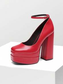 Women's High Chunky Platform Square Toe Heels Pumps Closed Toe Block Ankle Strap Solid Color Dress Fashion Party Y2K Shoes For Fall And WInter - 紅色 - 查看 5