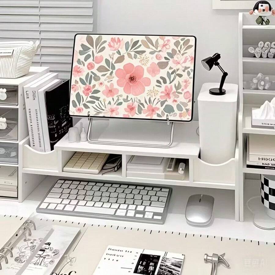 Ergonomic Monitor Stand, Smart Storage Rack - 1 White Multifunctional Desktop Computer/Laptop Riser, Multilayer Dorm Storage Rack, Desktop Organizer Box, Office Computer Stand, Dorm Cosmetics Storage Box, Storage Cabinet