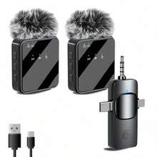 Tangle-Free Live Streaming Equipment & Accessories 3-In-1 Wireless Lavalier Microphone System Full-Directional Capacitive Recording USB Type-C Charging Rechargeable Lithium Polymer Battery Volume Control Clip-On Design Ideal For Interviews Podcasts Vlogs Gaming Singing Karaoke Mother's Day Birthday Gift - Black - View 3