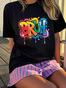 少女涂鸦字母印花短袖T恤，休闲时尚服装 - 黑色 - 查看 1