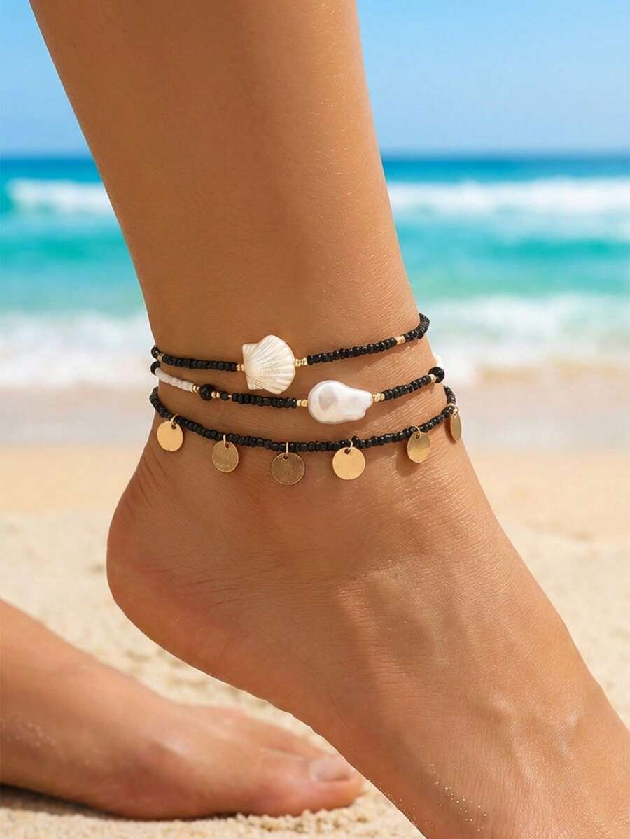波西米亚贝壳珍珠串珠脚链套装，适合夏季海滩度假佩戴，礼品 - 彩色 - 查看 1