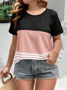 RNU 大码女式休闲撞色圆领短袖T恤，适合夏季度假、海滩、约会、日常穿着，版型修身，时尚百搭，春夏新品上市 - 彩色 - 查看 6