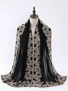 1pc Heavy Embroidered Middle Eastern Black Embroidery Scarf With Tassels, Rectangular Muslim Hijab Scarf - Multicolor - View 2