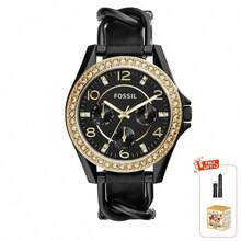 Fossil Lady Black Gold Quartz Watch, Diamond-Studded Bezel, Leather And Chain Strap, Elegant And Fashionable Ladies' Watch ES3696 - Black - View 6