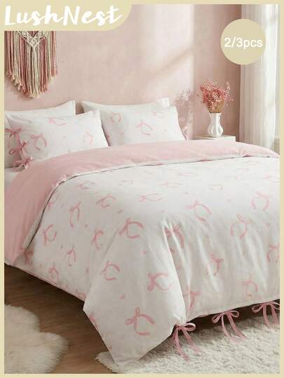 2pcs/3pcs Pink Heart Shaped Bow Duvet Cover Set (1 Duvet Cover + 2 Pillow Shams, Without Filler), Cute & Elegant Style, Soft Polyester Fabric, Suitable For Bedroom, Master Bedroom, Guest Room, All Seasons, Bowknot Bedding, Pink Decor, Girls Room, Aesthetic Room, Adorable Bedding
