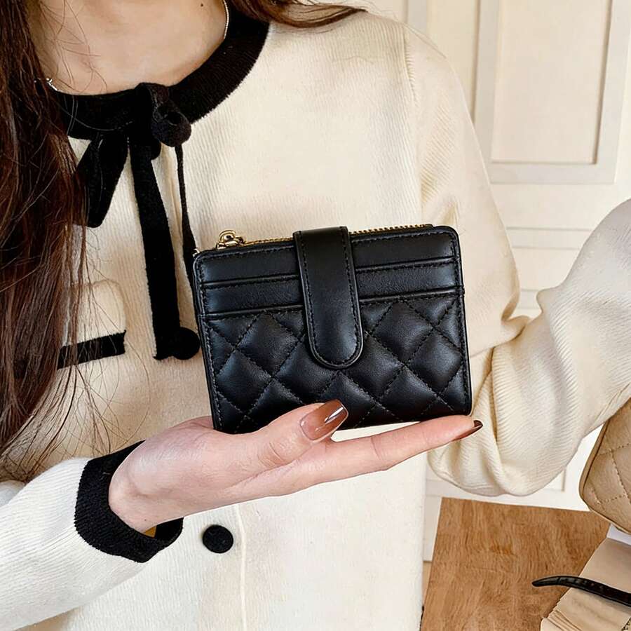 Retro Black Quilted Compact Wallet, Luxury Elegant Multi-Card Slots Faux Leather Clutch Purse - Multicolor - View 1