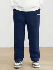 1件青少年男童宽松休闲运动纯色百搭灯芯绒直筒裤 - 藏蓝色 - 查看 4